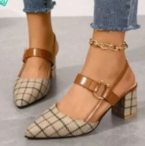 Plaid Tan and Brown Women's Heels